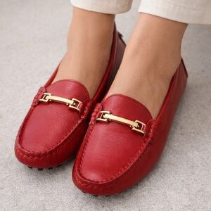 Ausland Red Driving Loafers Size 39 (US 8.5) Moccasin Flats Gold Bit Slip On